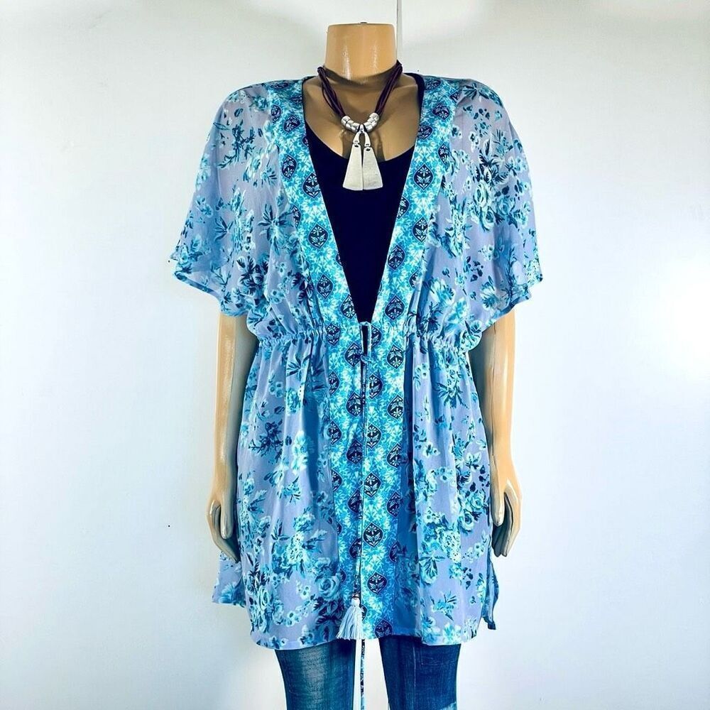 NWT Nanette Lepore M Purple Blue floral print sheer duster kimono swim cover up